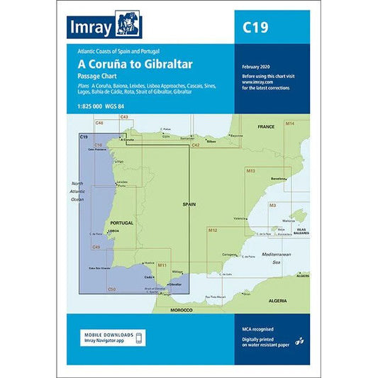 The Imray Chart C19 titled 'A Coruña to Gibraltar' displays the passage route along the Atlantic Coasts of Spain and Portugal. Printed on durable Pretex paper, it includes insets of ports such as Aviles, La Coruña, and Bilbao. Bearing the label "C19" and featuring Imray branding, this chart reflects their latest edition for North West Europe navigation.