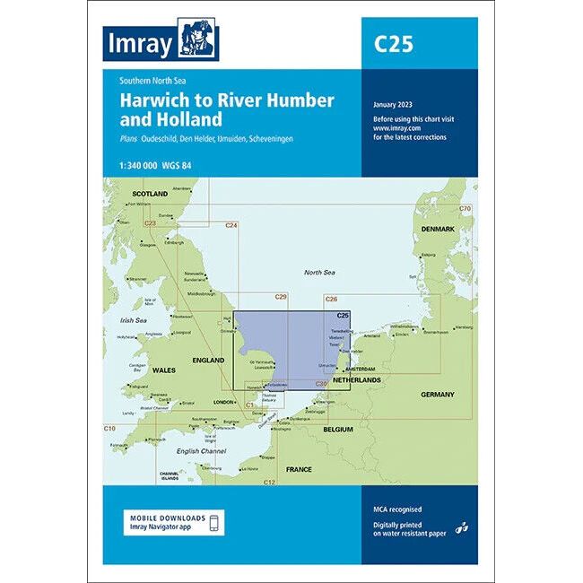 The "Imray Chart C25 | Harwich to River Humber and Holland" is the latest edition from Imray. This North West Europe navigation chart, chart number C25, highlights the coastal areas of the UK and the Netherlands on durable Pretex paper. It includes a legend, scale bar, coordinates, and notes about mobile downloads. Edition date: January 2023.