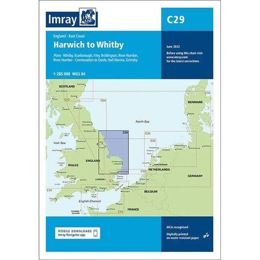 The Imray Chart C29, titled "Harwich to Whitby," is a detailed nautical chart by the Imray brand. It covers the East Coast of England, Netherlands, and Belgium, highlighting significant ports and routes with an inset for the River Humber. Printed on durable Pretex paper, this latest edition was published in June 2022 as part of the North West Europe navigation charts series.