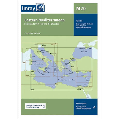 Imray's "Chart M20 | Eastern Mediterranean" covers the area from Sardegna to Port Said and the Black Sea. This latest edition features an outline map of the region, has the M20 designation, and includes a notice about digital printing on water-resistant paper for April 2021, making it ideal for offshore passages.