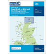 The Imray Chart C68, titled "Cape Wrath to Wick and the Orkney Islands," from the brand Imray, is printed on durable Pretex paper. It details inshore and offshore passages and includes maps of specific harbors and bays around Scotland's north coast. The background showcases a map with highlighted regions, detailed information, and download options.