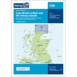 The Imray Chart C68, titled "Cape Wrath to Wick and the Orkney Islands," from the brand Imray, is printed on durable Pretex paper. It details inshore and offshore passages and includes maps of specific harbors and bays around Scotland's north coast. The background showcases a map with highlighted regions, detailed information, and download options.