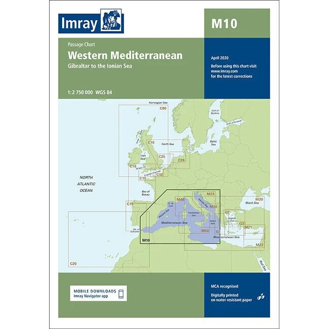 A map cover displaying Imray Chart M10 | Western Mediterranean, which features the passage from Gibraltar to the Ionian Sea. The background includes parts of Europe, North Africa, and the Mediterranean Sea. Labeled M10 and dated April 2020, this chart is part of Imray's durable Pretex paper M Series.