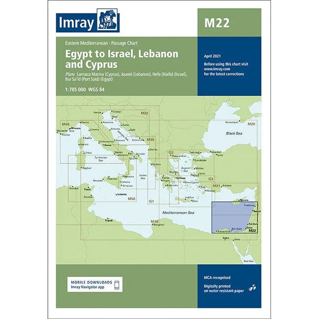 Imray's M22 Chart titled "Egypt to Israel, Lebanon and Cyprus," part of the renowned Imray series, features detailed plans for numerous ports and locations in the Eastern Mediterranean. The chart, printed on durable Pretex paper and using the WGS 84 geodetic system, is updated as of April 2021.