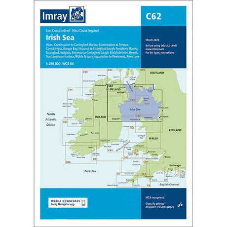 The Imray Chart C62, part of the Imray C Series, titled "Irish Sea," depicts the East Coast of Ireland, the West Coast of England, and parts of Scotland and Wales. This nautical chart includes plans for marinas and navigational information. It is dated March 2020 with a scale of 1:280,000 and uses the WGS 84 datum.