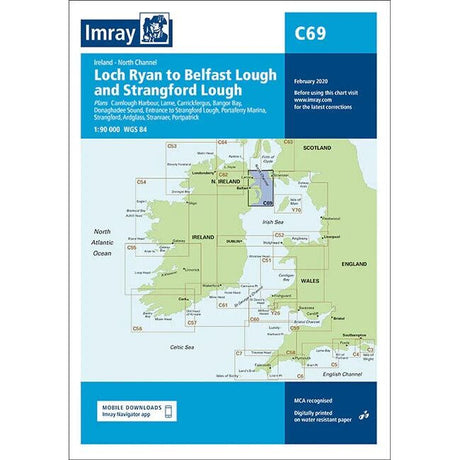 The Imray Chart C69: Loch Ryan to Belfast Lough and Strangford Lough by Imray features a map of the relevant sea area around Ireland and Scotland on durable Pretex paper, including update information from February 2020. Ideal for North West Europe navigation.