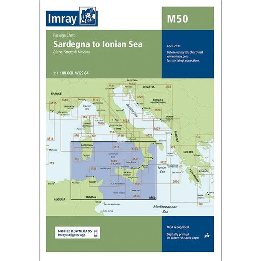 The Imray Chart M50, "Sardegna to Ionian Sea," is a nautical map that includes Mediterranean navigation charts on durable Pretex paper. This passage chart features plans from Sicilia to Malta and covers Italy, Tunisia, Greece, and the surrounding waters based on data from April 2021.