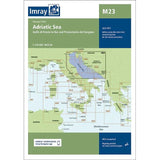 The Imray Chart M23, titled "Adriatic Sea Passage Chart," details the Adriatic Sea from the Golfo di Trieste to Bar and Promontorio del Gargano. It includes geographical coordinates, navigation routes, and coastal details. Printed on durable Pretex paper, this latest edition from Imray is dated April 2021.