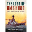 Book cover for "The Loss of HMS Hood" by Pen & Sword Maritime, showing the battlecruiser sinking at sea beneath a yellow and orange sky—a powerful scene from British naval history.