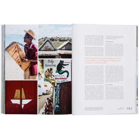 Pages 242-243 of "Sailing the Seas" by gestalten reveal a musician with an accordion, traditional buildings, intricate sign artwork, abstract art, and nautical adventures exploring anchoring customs in remote villages.