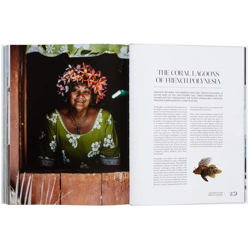 A smiling woman in a green patterned outfit and floral headdress stands by a window, next to open magazine pages featuring "Sailing the Seas" by gestalten, with an article titled "The Coral Lagoons of French Polynesia," exploring maritime culture with text and an image of a fish.