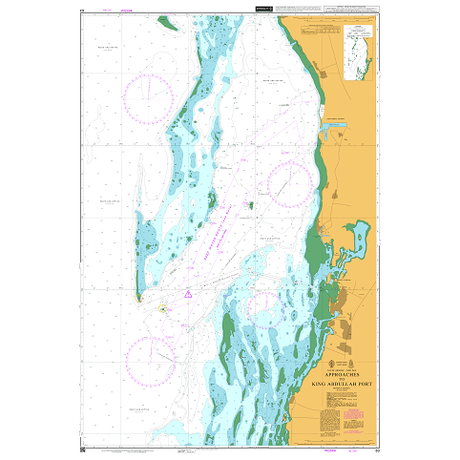 Product image of Admiralty Chart 63 | Approaches to King Abdullah Port, featuring navigational markings, depth soundings, and coastal features, essential for safe marine navigation. It could be displayed as an art piece or used for navigation on a boat or ship.