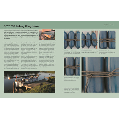 The Knot Bible" by Adlard Coles is a comprehensive guide for mastering knot skills, including lashing and securing with rope. It features step-by-step diagrams and illustrations of knots on blue floats, a docked boat, and more, all enhanced by a green background with photo illustrations.