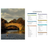 The image shows a peaceful river with a stone bridge and swans. On the right is the table of contents for "The Narrowboat Guide" by Adlard Coles, featuring sections on narrowboats, rivers, and activities ideal for liveaboard enthusiasts seeking waterside adventures.