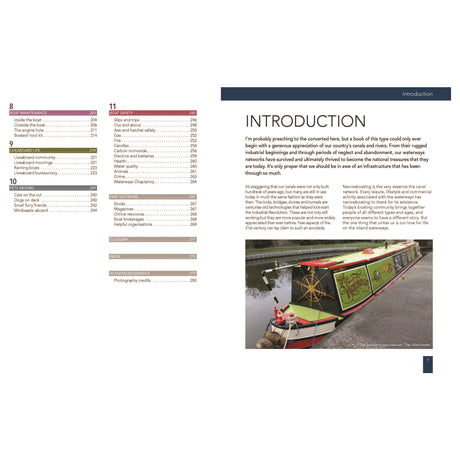 In "The Narrowboat Guide" by Adlard Coles, the table of contents and introduction spotlight a vibrant canal boat photo, emphasizing the crucial upkeep of waterway infrastructures and exploring the unique narrowboat lifestyle.