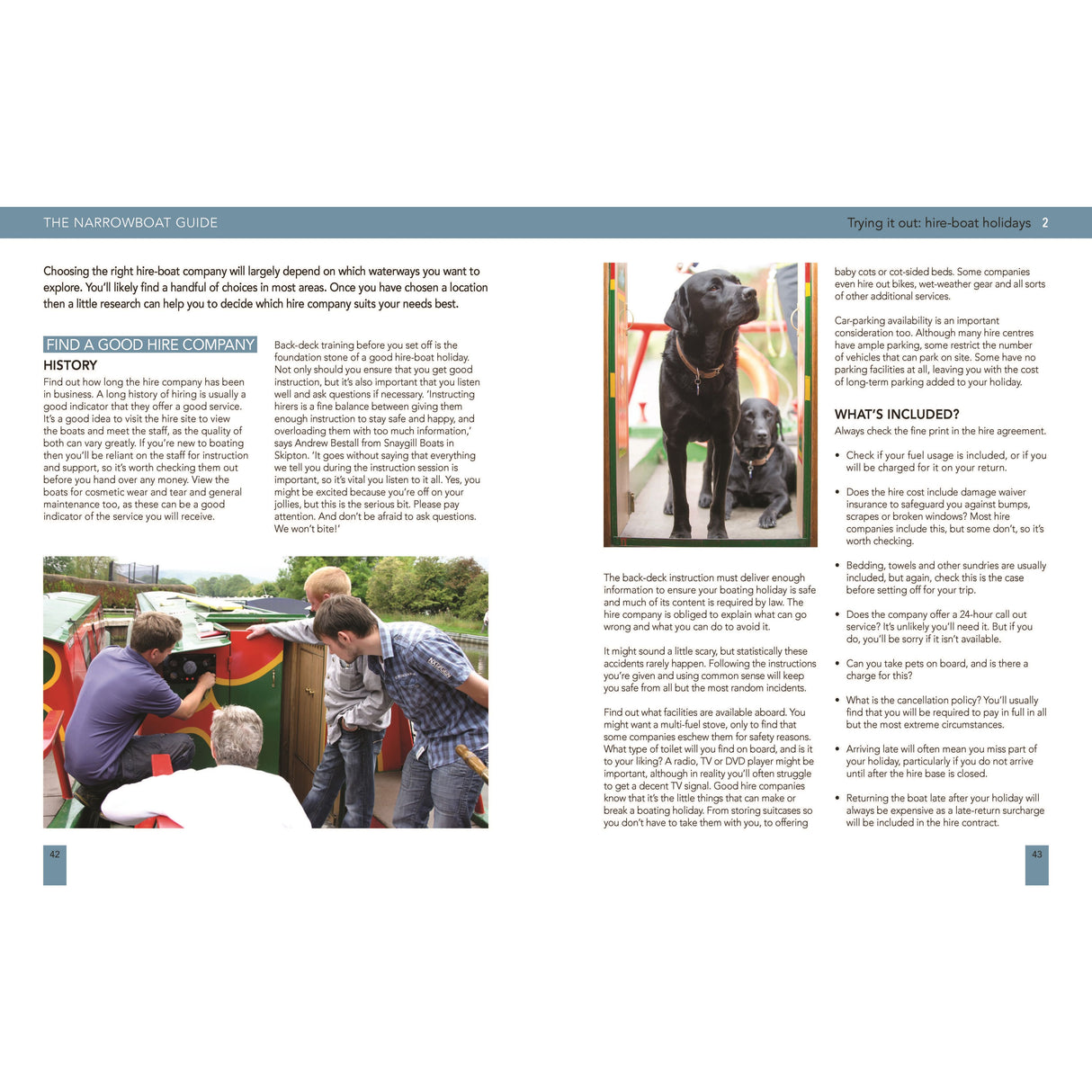 The image depicts "The Narrowboat Guide" by Adlard Coles, perfect for liveaboards. It showcases people and a black dog on a narrowboat with tips on choosing hire companies. The layout includes columns, headings, and vibrant images.