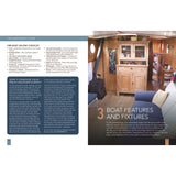 In a magazine spread featuring "The Narrowboat Guide" by Adlard Coles, discover narrowboat holidays with a liveaboard checklist and towpath tales. The right page reveals a cozy interior with wooden cabinets and a comfy sofa, perfect for understanding boat features.