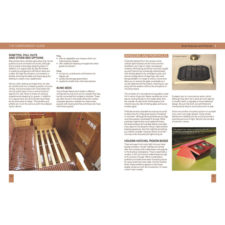 A page from Adlard Coles' "The Narrowboat Guide" details canal boat essentials like dinettes, bunk beds, windows, portholes, and Houdini hatches. Images show a dinette that converts to a bed and a pigeon box with a Kingspan solar vent—ideal for liveaboard enthusiasts.