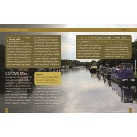 A scenic view of a canal with moored narrowboats reflects in the water beneath towering trees. Text from "The Narrowboat Guide" by Adlard Coles examines narrowboat moorings, featuring a compelling case study and vivid personal experiences of liveaboard life.