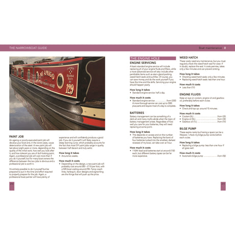 A vibrant red and yellow narrowboat is moored on the water, displaying its name and number. Nearby text from "The Narrowboat Guide" by Adlard Coles discusses essential canal boat maintenance like engine servicing, paint jobs, batteries, and bilge pumps for an ideal liveaboard experience.