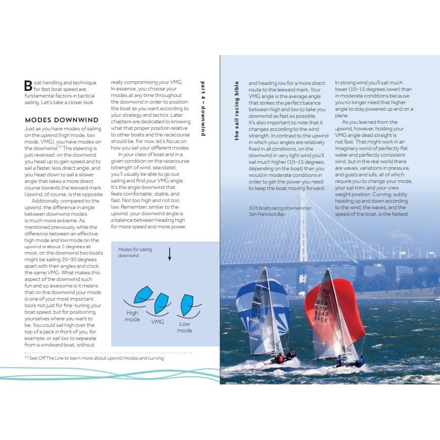 The Sail Racing Bible by Adlard Coles features a comprehensive sailing guide that delves into downwind techniques, complete with three labeled diagrams: high mode, VMG, and low mode. A striking background image captures the excitement of sail racing as two sailboats with vivid red and blue sails compete elegantly near a bridge.