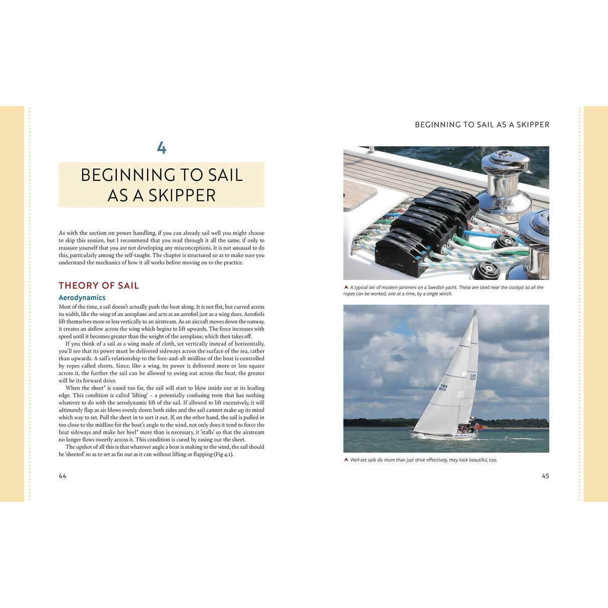 A two-page spread from a book titled "The Complete Day Skipper" by Adlard Coles. It features text on aerodynamics and images related to yacht handling, including a cockpit with ropes and winches, and a yacht sailing on the water with a blue sky and trees in the background. Perfect for aspiring skippers and sailing instructors alike.