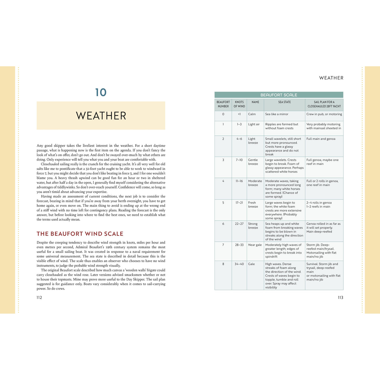 A two-page spread from a book titled "The Complete Day Skipper" by Adlard Coles. The pages include various paragraphs of text and a detailed Beaufort Scale chart categorizing the wind into 12 levels, with specifics on wind speed, description, sea state, and land observations—essential reading for sailing instructors mastering yacht handling during their training.