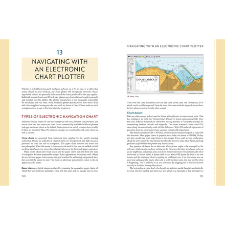 Image of an open book. On the left page, the title reads "The Complete Day Skipper" by Adlard Coles, with a subheading and body text below it. The right page shows a chart of Xham Harbour at the top, with more text underneath discussing navigational boundaries—a must-read for sailing instructors and yacht handling enthusiasts alike.