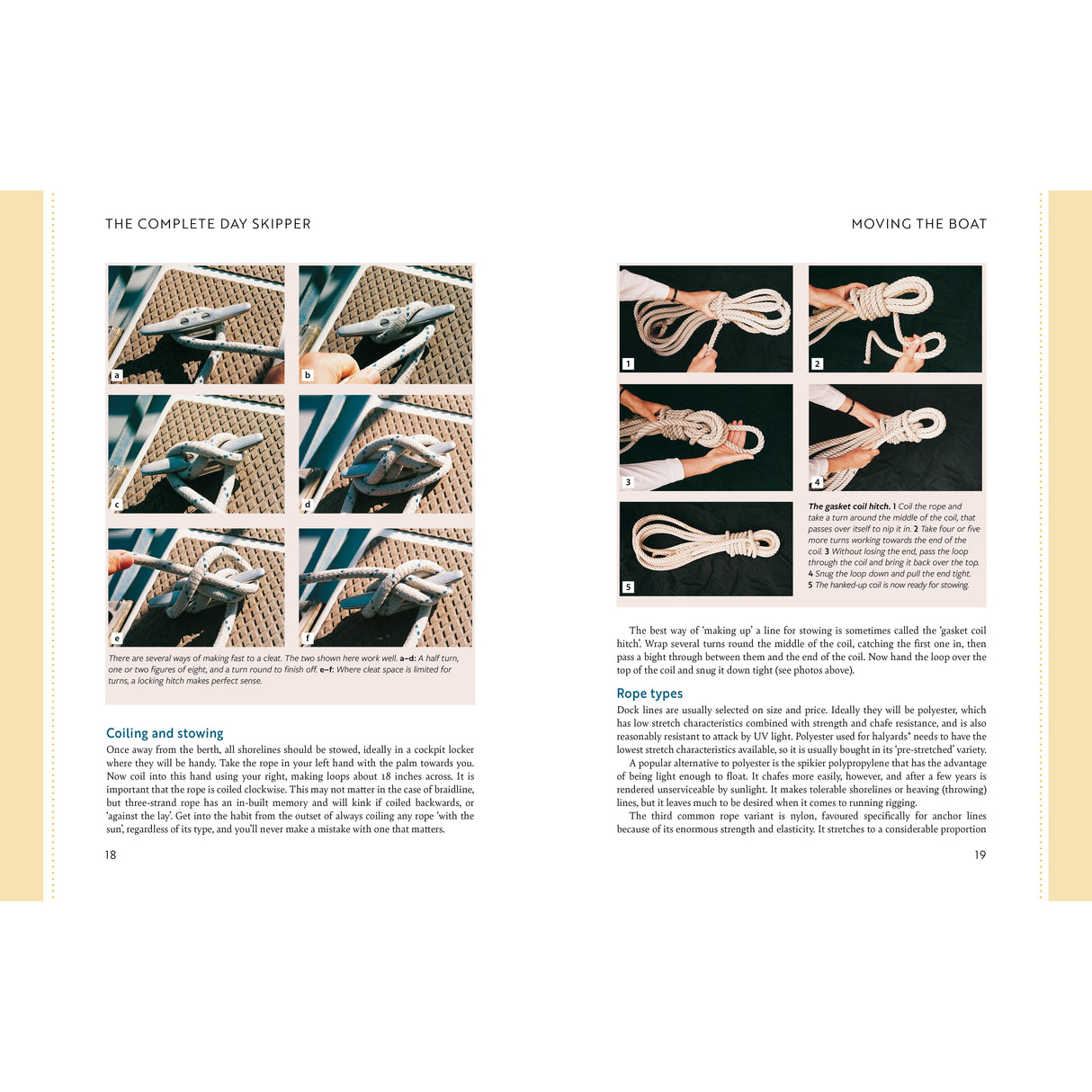 The Complete Day Skipper by Adlard Coles features step-by-step visual guides on tying knots. The left page demonstrates the process of coiling and stowing, while the right page shows how to make various sailing knots, including the gasket coil. Both pages include photos and detailed instructions, making it ideal for budding Complete Day Skippers.