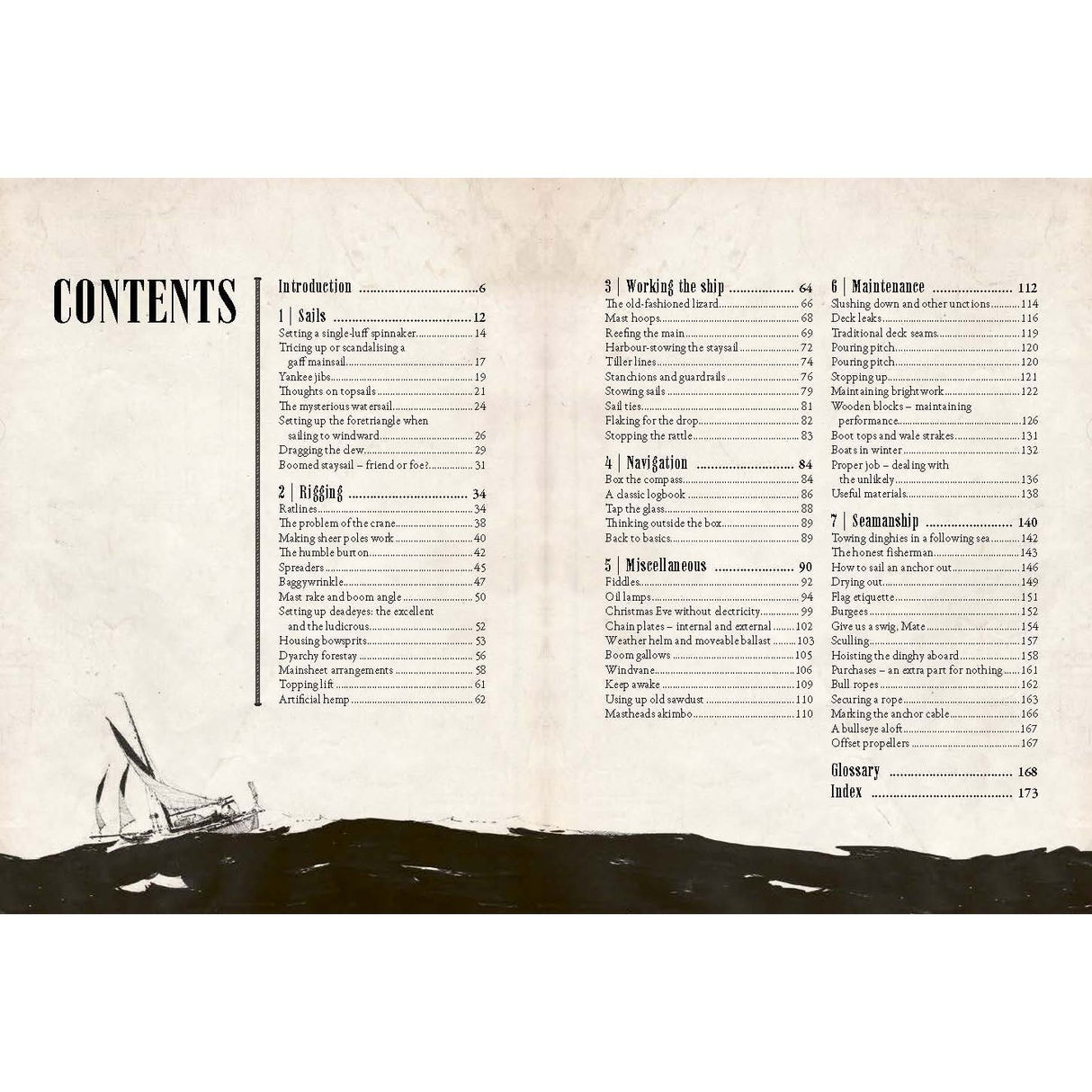 The illustrated table of contents from the nautical-themed book "Bosun's Bag" by Adlard Coles is praised by Tom Cunliffe as a true nautical gem. It features sections on skills, sailing, rigging, working the ship, navigation, maintenance, miscellaneous topics, and traditional seamanship—all accompanied by a small sailboat graphic at the bottom.