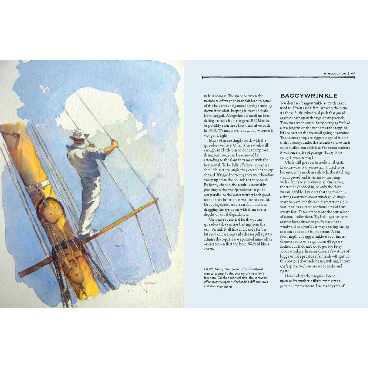 Watercolor painting of a sailor in a hat, working on the rigging of a ship mast. Opposite, Tom Cunliffe's text titled "Bosun's Bag," produced by Adlard Coles, highlights this nautical gem of traditional seamanship for protecting sails from chafing against wire rigging.