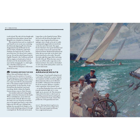 The Bosun's Bag by Adlard Coles is a true nautical gem, featuring a vintage-style painting of sailors on a yacht in a vibrant blue sea with white sails and caps. The text on the left delves into traditional seamanship with insights from Tom Cunliffe, including “THINKING BEYOND THE BOX” and “MAINSHEET ARRANGEMENTS.”