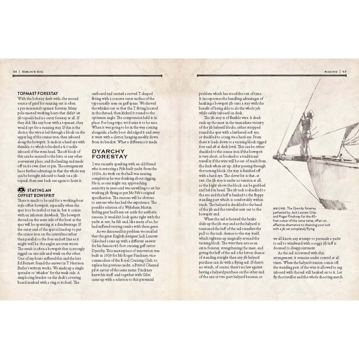 A two-page spread from a magazine showcases text on forestays in sailing ships, featuring expert insights on traditional seamanship by Tom Cunliffe. On the right page, an illustration of a ship's bow and sail perfectly complements columns of text with headings and captions, highlighting this nautical gem. This content is part of Adlard Coles’ Bosun's Bag collection.