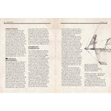 A two-page spread from a magazine showcases text on forestays in sailing ships, featuring expert insights on traditional seamanship by Tom Cunliffe. On the right page, an illustration of a ship's bow and sail perfectly complements columns of text with headings and captions, highlighting this nautical gem. This content is part of Adlard Coles’ Bosun's Bag collection.