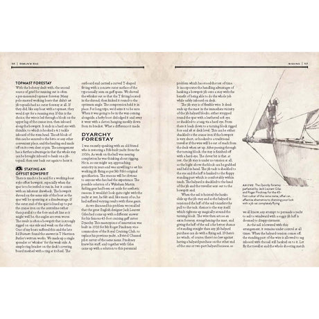 A two-page spread from a magazine showcases text on forestays in sailing ships, featuring expert insights on traditional seamanship by Tom Cunliffe. On the right page, an illustration of a ship's bow and sail perfectly complements columns of text with headings and captions, highlighting this nautical gem. This content is part of Adlard Coles’ Bosun's Bag collection.