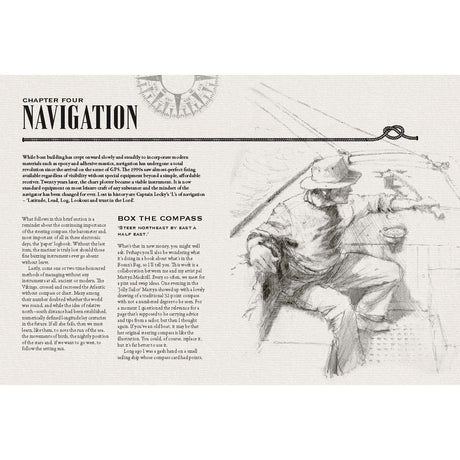 A pencil sketch of a sailor with a compass aboard a ship adorns the page, titled "Chapter Four: Navigation," showcasing traditional seamanship techniques and stories of Captain Lecky alongside nautical symbols. This maritime treasure from Adlard Coles' Bosun's Bag captures the essence of Tom Cunliffe's adventures.