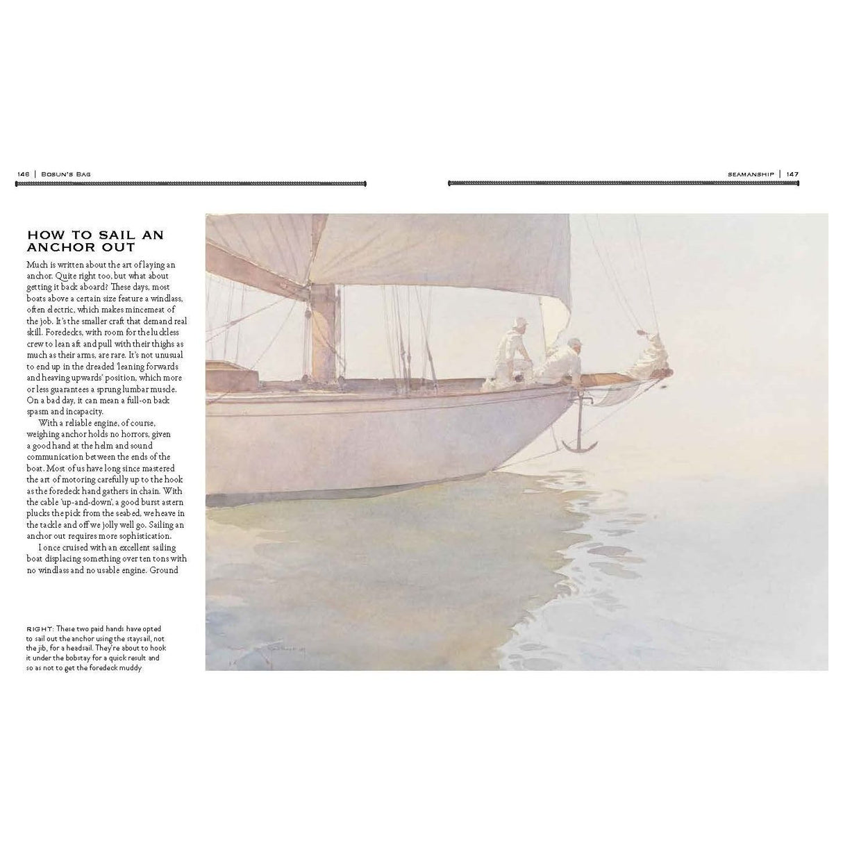 The Bosun's Bag by Adlard Coles features a watercolor painting of a sailboat with two people aboard, highlighting traditional seamanship. With the boat anchored on serene waters, it's truly a nautical gem. Text on the left offers instructions on how to sail an anchor out.