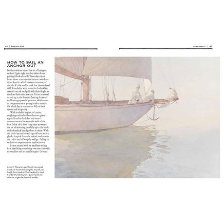 The Bosun's Bag by Adlard Coles features a watercolor painting of a sailboat with two people aboard, highlighting traditional seamanship. With the boat anchored on serene waters, it's truly a nautical gem. Text on the left offers instructions on how to sail an anchor out.