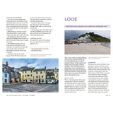 The Adlard Coles Shore Guide: The West Country offers an insightful layout on Looe, emphasizing maritime heritage with details on local food, shopping, attractions, and transport. It includes headings like "FOOD AND SHOPPING," a map of this charming coastal town, and an area overview with contact information.