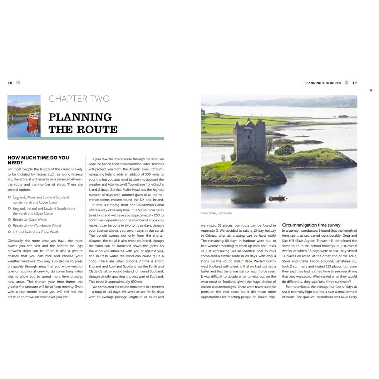 A spread titled "Planning the Route" in the UK and Ireland Circumnavigator’s Guide by Adlard Coles details cruising options in England, Wales, Scotland, and Ireland. The right page features Castle Stalker amid water and greenery, offering a scenic view for British sailors.