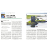 A spread titled "Planning the Route" in the UK and Ireland Circumnavigator’s Guide by Adlard Coles details cruising options in England, Wales, Scotland, and Ireland. The right page features Castle Stalker amid water and greenery, offering a scenic view for British sailors.