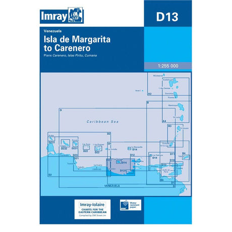 Imray Chart D13: Isla de Margarita to Carenero is a waterproof nautical chart by Imray, covering coastal Venezuela, the Caribbean Sea, nearby islands, and essential details for Eastern Caribbean navigation.