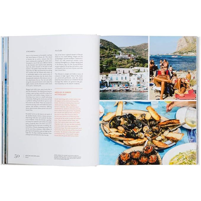 An open book, "Sailing the Seas" by gestalten, showcasing a travel article. The left page describes a Mediterranean destination's maritime culture, while the right has images of a coastal village, relaxed deck scenes, and a seafood platter with bread on a blue table.