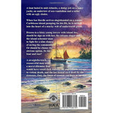 The back cover of Hurricane Force by BAA Publishing features a synopsis about a sailing adventure with pirates, a sailor, and tough choices, along with a barcode, ISBN, publisher’s logo, and an illustration of a cat sitting on a chest.