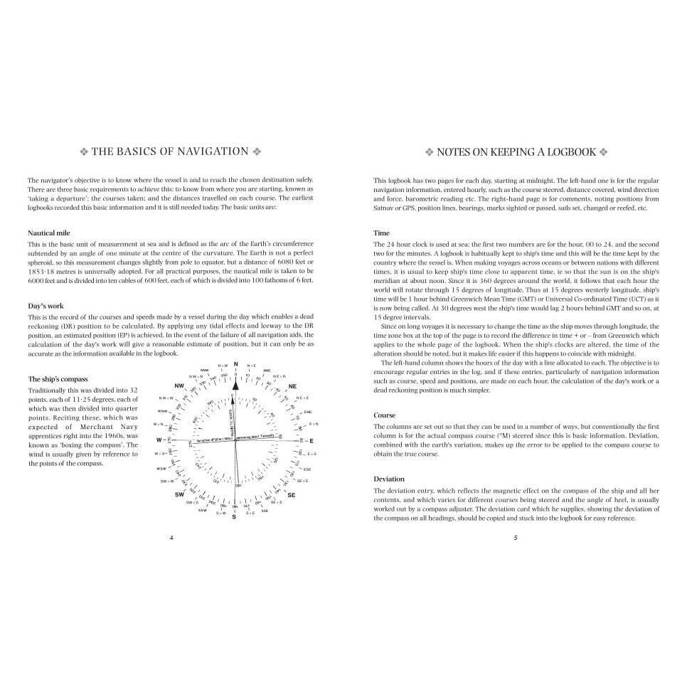 Two pages from a navigation book show "The Basics of Navigation" on the left with text and compass diagrams, while on the right, "Notes on Keeping a Logbook" offers guidance on using your Adlard Coles Nautical Logbook as an essential record-keeping tool.