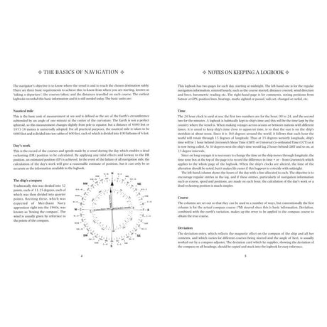 Two pages from a navigation book show "The Basics of Navigation" on the left with text and compass diagrams, while on the right, "Notes on Keeping a Logbook" offers guidance on using your Adlard Coles Nautical Logbook as an essential record-keeping tool.