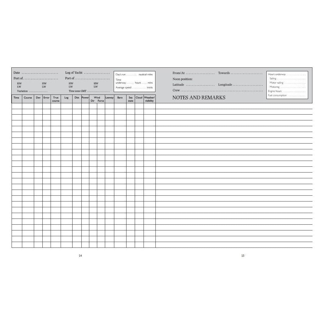 The Adlard Coles Nautical Logbook by Adlard Coles is vital for record-keeping, offering columns for date, yacht name, navigation details, weather conditions, and remarks. It also includes sections for wind, temperature, crew notes, and blank lines for detailed entries.