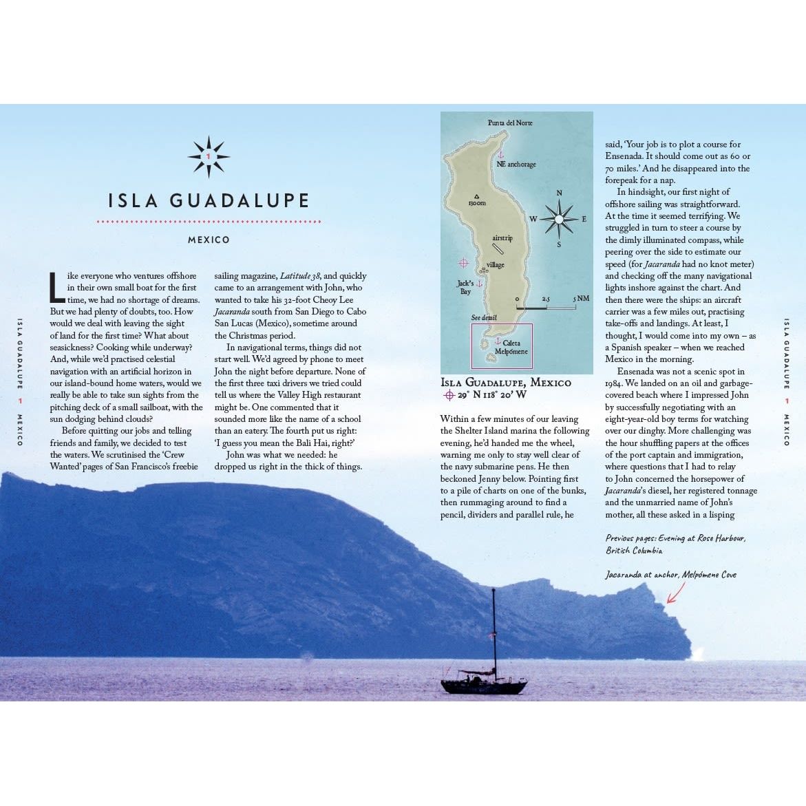 The book "Under Wide and Starry Skies" by Adlard Coles captures a sailboat drifting on tranquil waters with Isla Guadalupe in the backdrop, ideal for yacht getaways under a blue sky. A map inset shows this remote escape, enhanced with text about a sailing adventure.