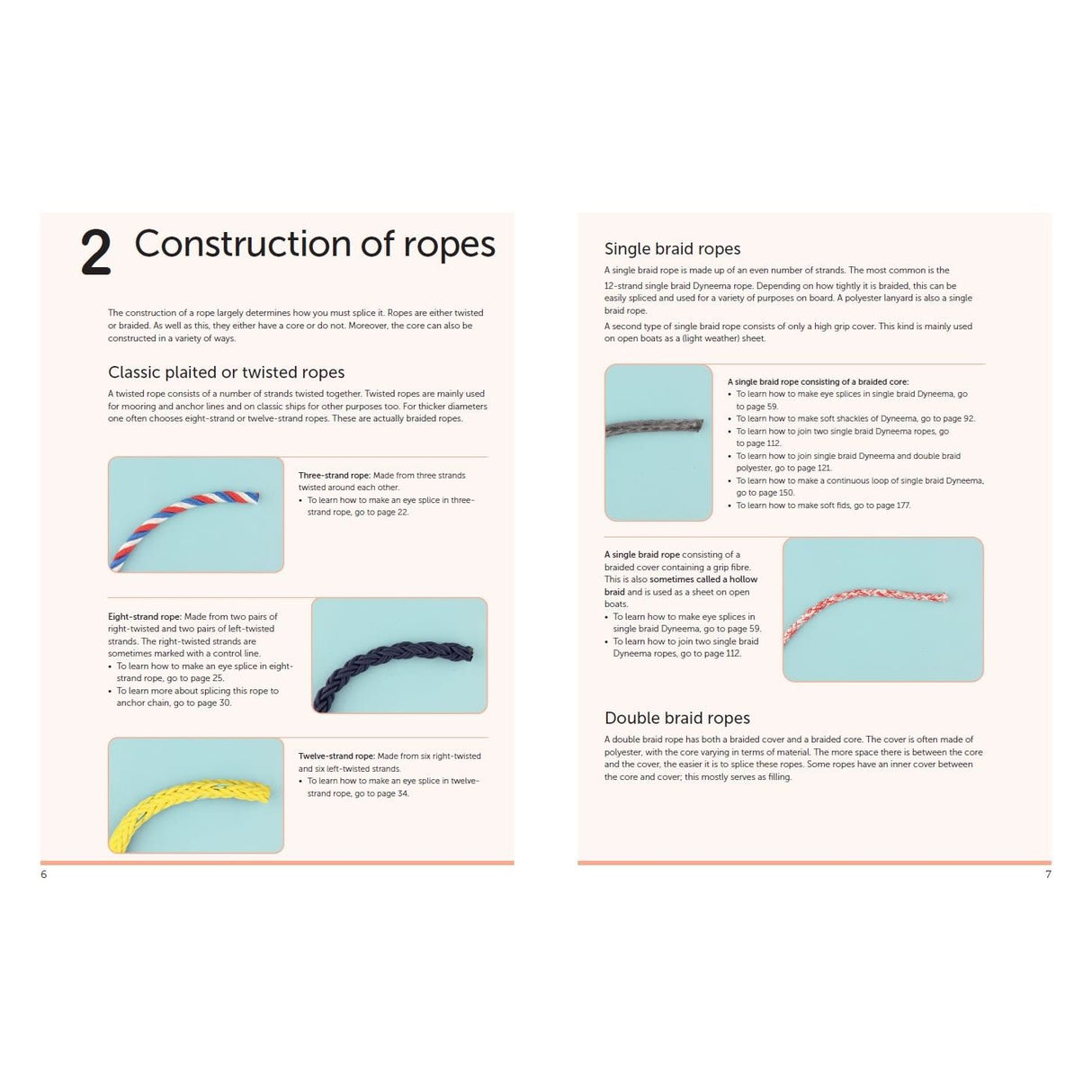 Splicing Modern Ropes by Adlard Coles features insights from the boating handbook on rope construction. The left page covers classic plating and twisting, with images of three- and eight-strand ropes. The right page explores braided ropes, focusing on single and double braid types with detailed explanations.