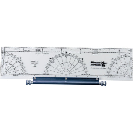 The Weems & Plath Parallel Plotter is a clear plastic tool designed for precise plotting with angular and linear measurements, featuring scales in inches. It has metal rollers at the bottom for smooth movement and includes detailed marking for accurate course plotting. The "Weems & Plath" brand name is proudly displayed on the top right, and it comes with a Lifetime Warranty.